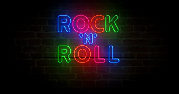 Rock-n-roll neon symbol on brick wall. Rock n Roll music club retro style  light color bulbs. Loopable and seamless abstract concept animation.
