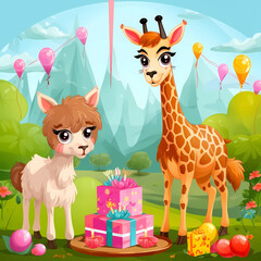 Obraz premium baby giraffe and baby alpaca birthday card