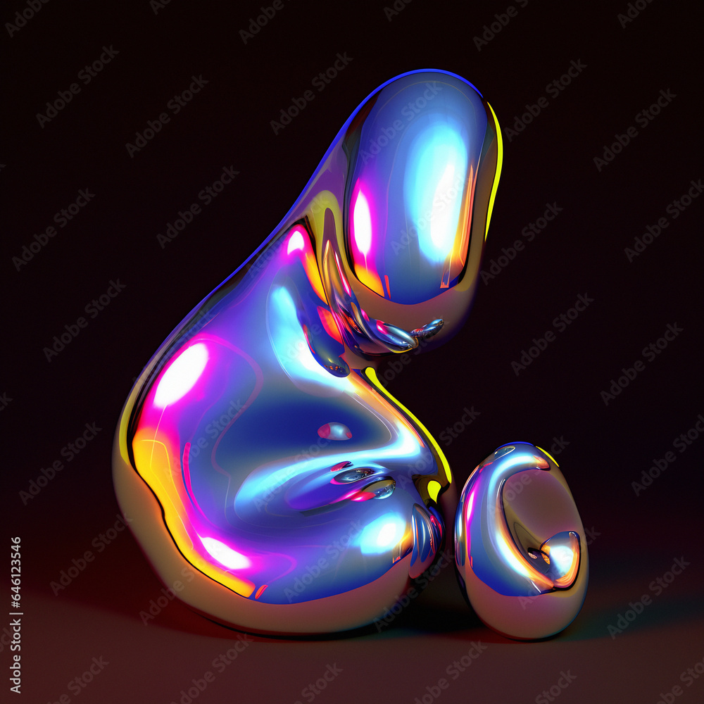 Poster 3D illustration of a distorted holographic blobs. Abstract surreal contemporary art.