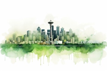 Green watercolor Seattle skyline on white background. Generative AI
