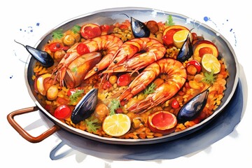 Watercolor painting of authentic Spanish paella on a plain background. Generative AI