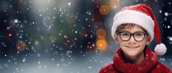 Christmas Themed boy wearing glasses with room for copy space created with Generative AI technology