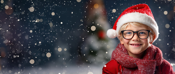 Christmas Themed boy wearing glasses with room for copy space created with Generative AI technology