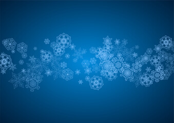Fototapeta na wymiar New Year snowflakes on blue background with sparkles. Horizontal Christmas and New Year snowflakes falling. For season sales, special offer, banners, cards, party invites, flyer. White frosty snow
