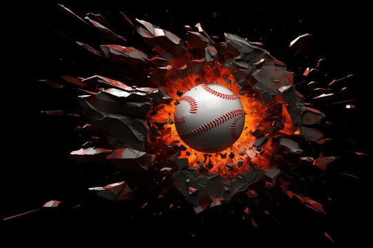 Powerful red baseball smashes through illuminated orange-black wall against black-white background in a stunning 3D render. Generative AI