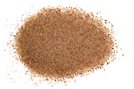 Ground, milled flaxseed, linseed flakes isolated on white, top view  