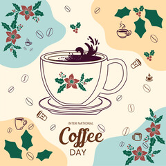 International coffee day template background design with hand drawing style. National coffee day vector illustration. Coffee day pattern design.