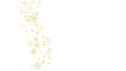 Glitter snowflakes frame on white horizontal background. Shiny Christmas and New Year frame for gift certificate, ads, banners, flyers. Falling snow with golden glitter snowflakes for party invite