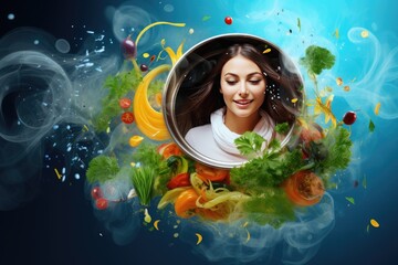 Obraz na płótnie Canvas Beautiful positive girl prepares a delicious, healthy dish
