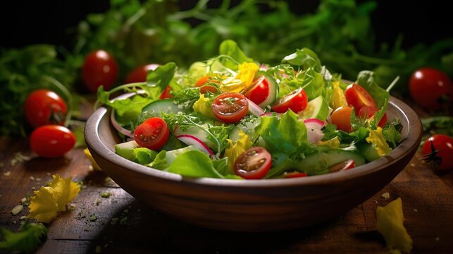 Fresh salad with shrimp, avocado and tomato cherry in bowl. AI generated image