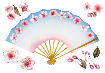 Watercolor illustration of a pink, white and blue open paper hand fan with cherry blossoms