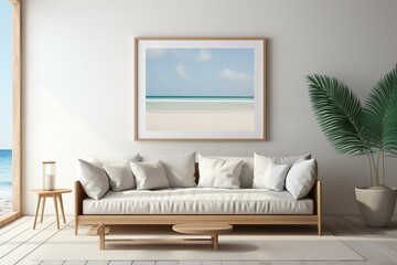 3D-rendered coastal style poster frame in an interior background. Generative AI