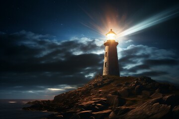 beam of light illuminating lighthouse at night. Generative AI - obrazy, fototapety, plakaty