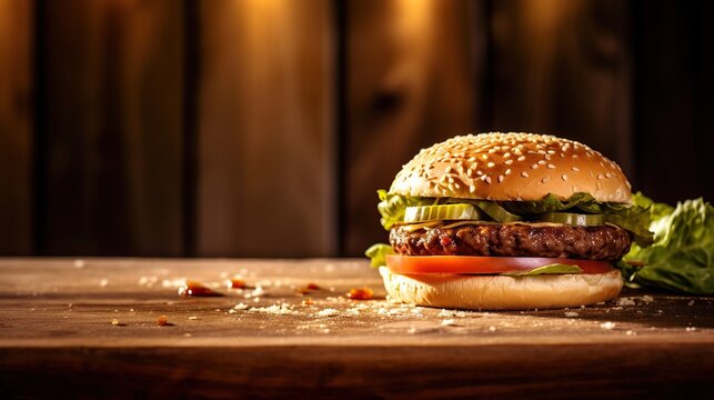 Delicious homemade beef burger with bacon and vegetables on wood serving board. AI generated image