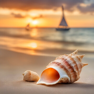Caracolas sobre la arena en una playa con el mar un velero y una puesta de sol de fondo 
