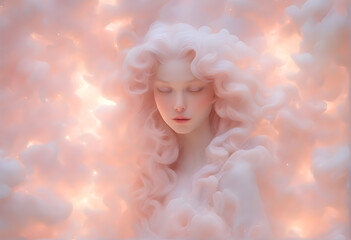 The unimaginable image of a very beautiful fairy in heaven. angel Magic Realism, radiating a sense of otherworldly beauty and serenity, warm pastel tone, clouds, wings, realm of dreams, Generative AI