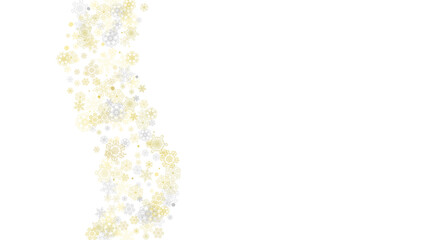 Gold snowflakes frame on black background. New year theme. Horizontal shiny Christmas frame for holiday banner, card, sale, special offer. Falling snow with gold snowflake and glitter for party invite