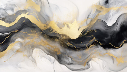 Abstract marble marbled ink painted painting texture luxury background banner - Black gray swirls gold painted splashes (Generative Ai)