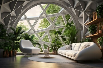 Futuristic sustainable interior with geodesic wall, eco-architecture, and modern home. Monstera background. Generative AI - obrazy, fototapety, plakaty