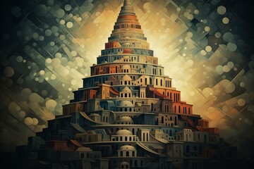 Abstract illustration of a tower inspired by the biblical story of Babel. Represents ziggurat construction. Generative AI