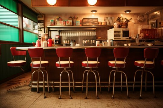 A vintage cafe counter with accompanying seats, exuding a nostalgic yet inviting ambiance. Generative AI