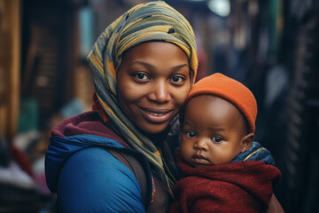 Colorful close up portrait of happy smiling African woman mother holding and hugging her little kid on background of slums
