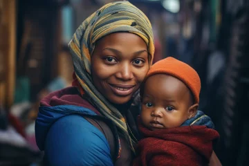 Foto auf gebürstetem Alu-Dibond Heringsdorf, Deutschland Colorful close up portrait of happy smiling African woman mother holding and hugging her little kid on background of slums