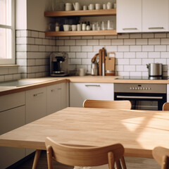 Wood table top on blur modern kitchen room background for new product presentation or ready montage.