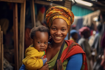 Color close up portrait of happy smiling African woman mother holding and hugging her cute baby on the background of slums