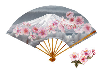 Watercolor illustration of a gray open paper fan with cherry blossoms