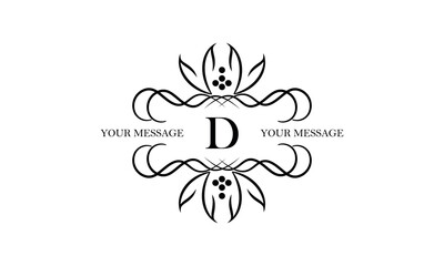 Logo with simple initial letter D isolated on white background and ornament around the letter. There is space for text. Can be used for business and corporate signs, emblems.