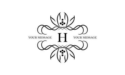 Logo with simple initial letter H isolated on white background and ornament around the letter. There is space for text. Can be used for business and corporate signs, emblems.