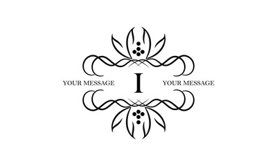 Obraz premium Logo with simple initial letter I isolated on white background and ornament around the letter. There is space for text. Can be used for business and corporate signs, emblems.