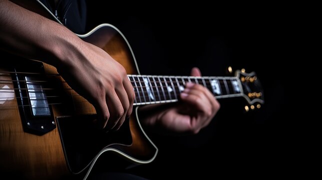 Close up of men playing the guitar dark background. AI generated image