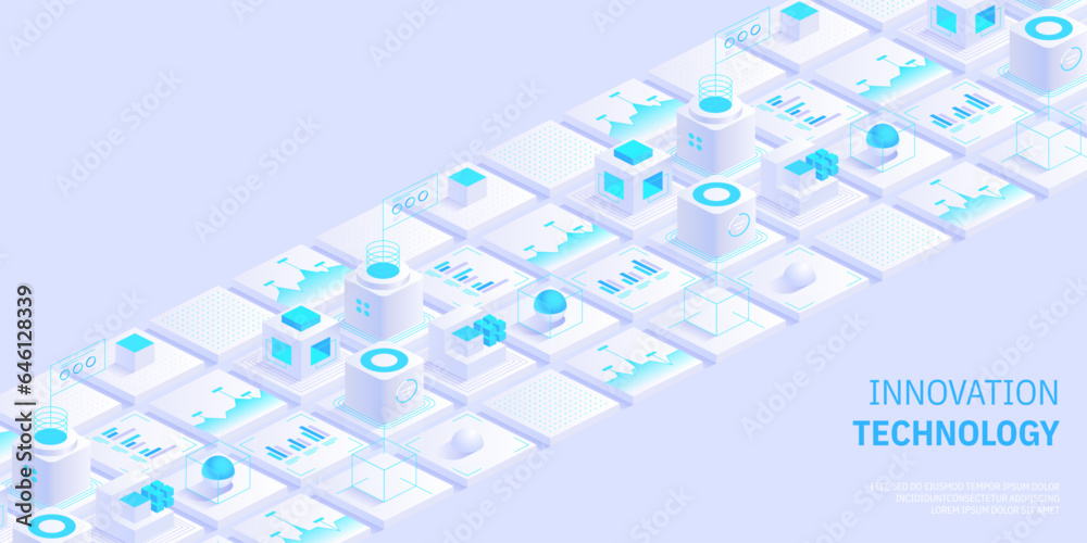 Poster engineering innovations design. abstract technology background. blockchain concept banner. isometric