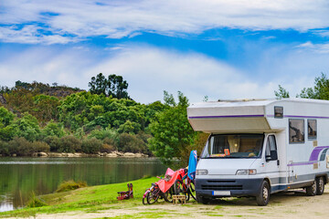 Bicycles at caravan. Camping on nature