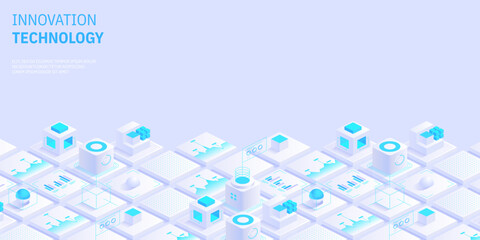 Engineering innovations design. Abstract technology background. Blockchain concept banner. Isometric digital blocks connection with each other crypto chain. Blocks and cubes Vector illustration