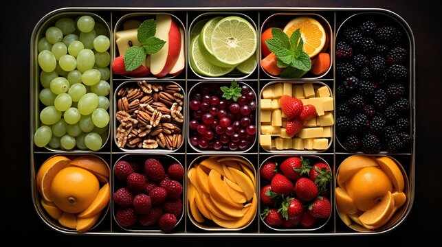 Wellness in a Box: Wholesome choices of fresh fruits, nuts, cheese, and other heatly food options. school, work, home, gym, diet