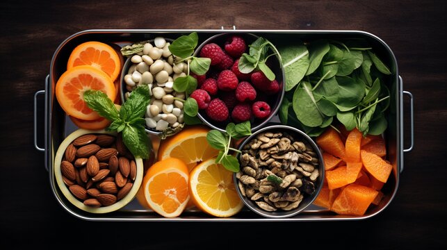 Wellness in a Box: Wholesome choices of fresh fruits, nuts, cheese, and other heatly food options. school, work, home, gym, diet
