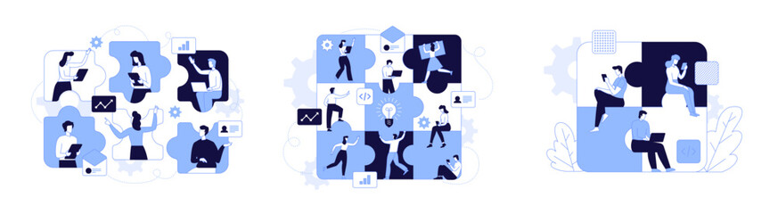 Vector illustration of internet communication Team metaphor People connecting puzzle elements social networks Chat, video, vector, messages, website, search for friends, mobile web graphics