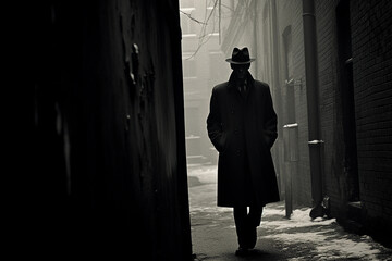 Grainy photograph, mysterious figure standing at the end of an alleyway in a fedora and trench coat, noir atmosphere - Powered by Adobe