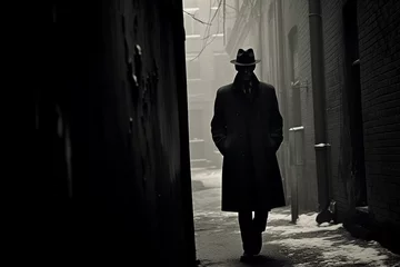 Foto op Plexiglas Grainy photograph, mysterious figure standing at the end of an alleyway in a fedora and trench coat, noir atmosphere © Marco Attano