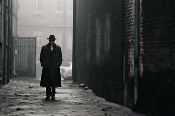 Grainy photograph, mysterious figure standing at the end of an alleyway in a fedora and trench coat, noir atmosphere