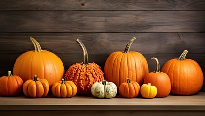 Rural Elegance. A Group of Pumpkins on Wooden Table