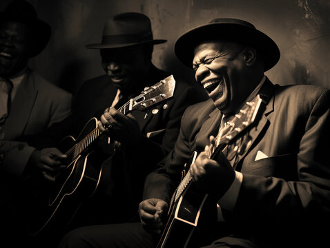 Black and white photograph, old jazz musicians in a smoky club, grainy texture, flickering candlelight, laughter and music filling the air