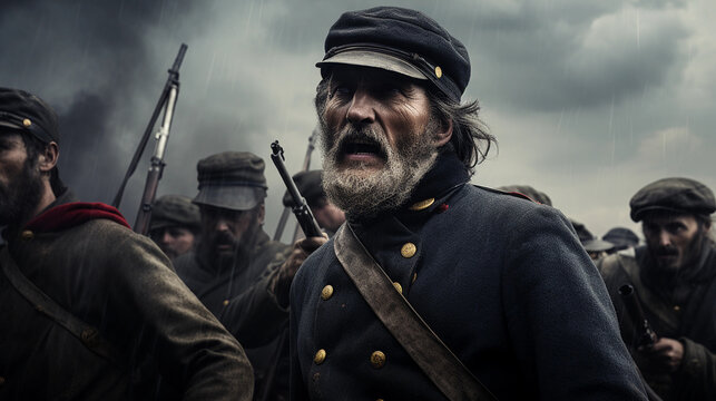 Civil War, Union and Confederate soldiers in hand - to - hand combat, bayonets and muskets, fear and courage, low angle shot, storm clouds gathering, high contrast