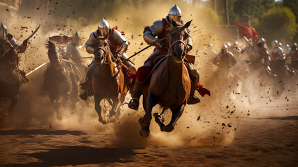 medieval battle, knights in full armor charging on horses, dust kicking up, battle flags waving, catapults in the distance, aerial view