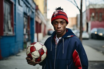 Sidewalk Sports: Footballer Poses with His Soccer Ball