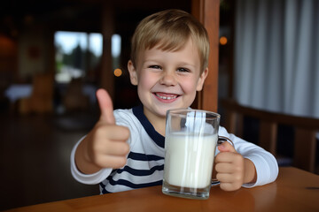 a 5 yearold boy with a glass of milk gives thumbs up to show the milk