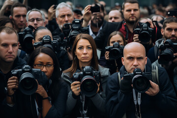 a group of media people are in a crowd with a camera